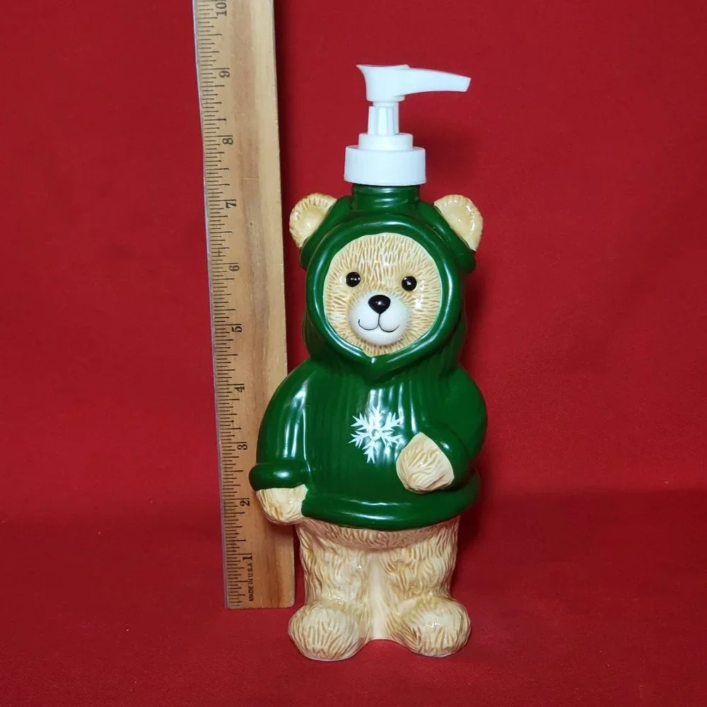 Ceramic Soap Dispenser Bear Wearing Snowflake Green Hoodie 9